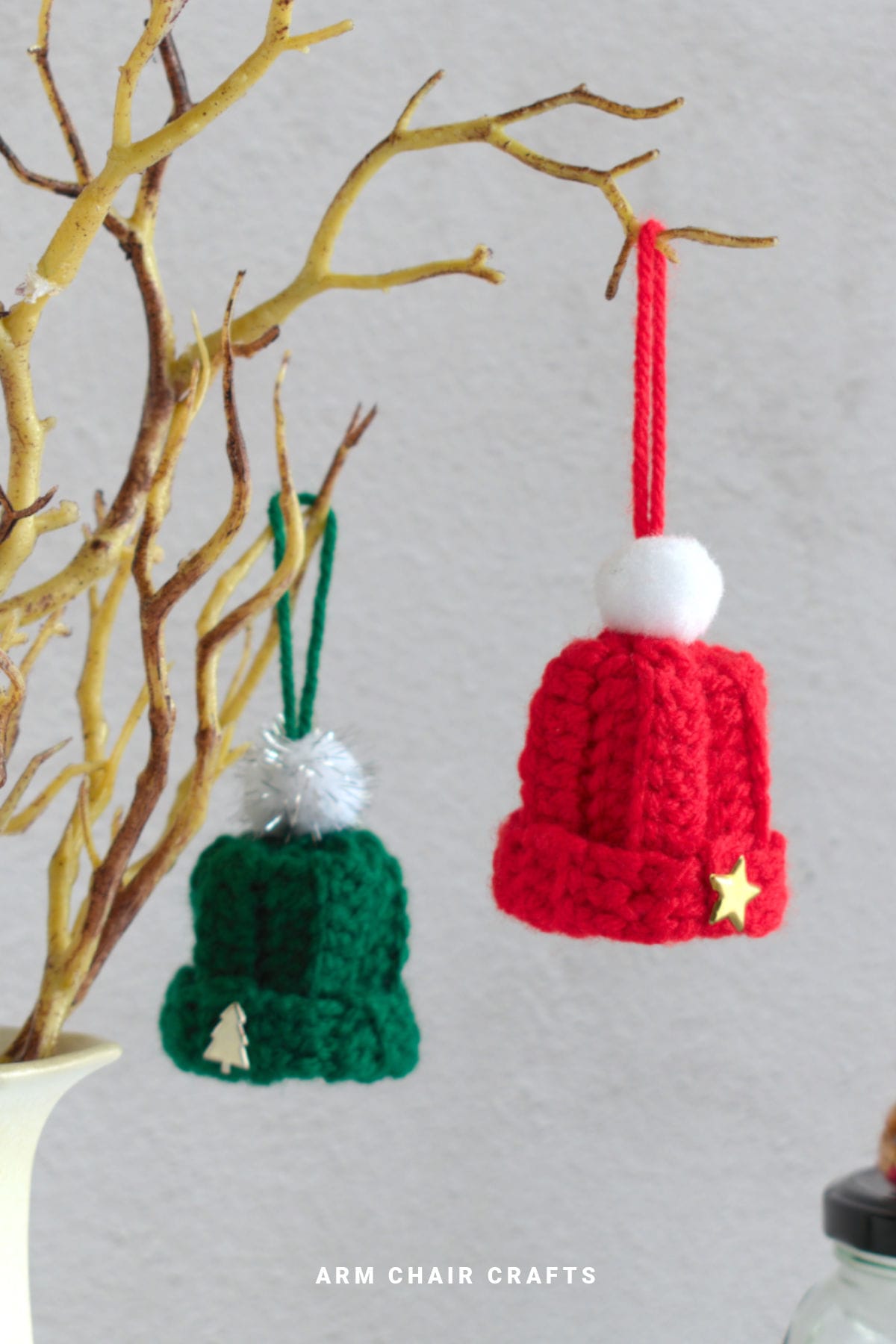 Hanging crochet mini beanie ornaments.