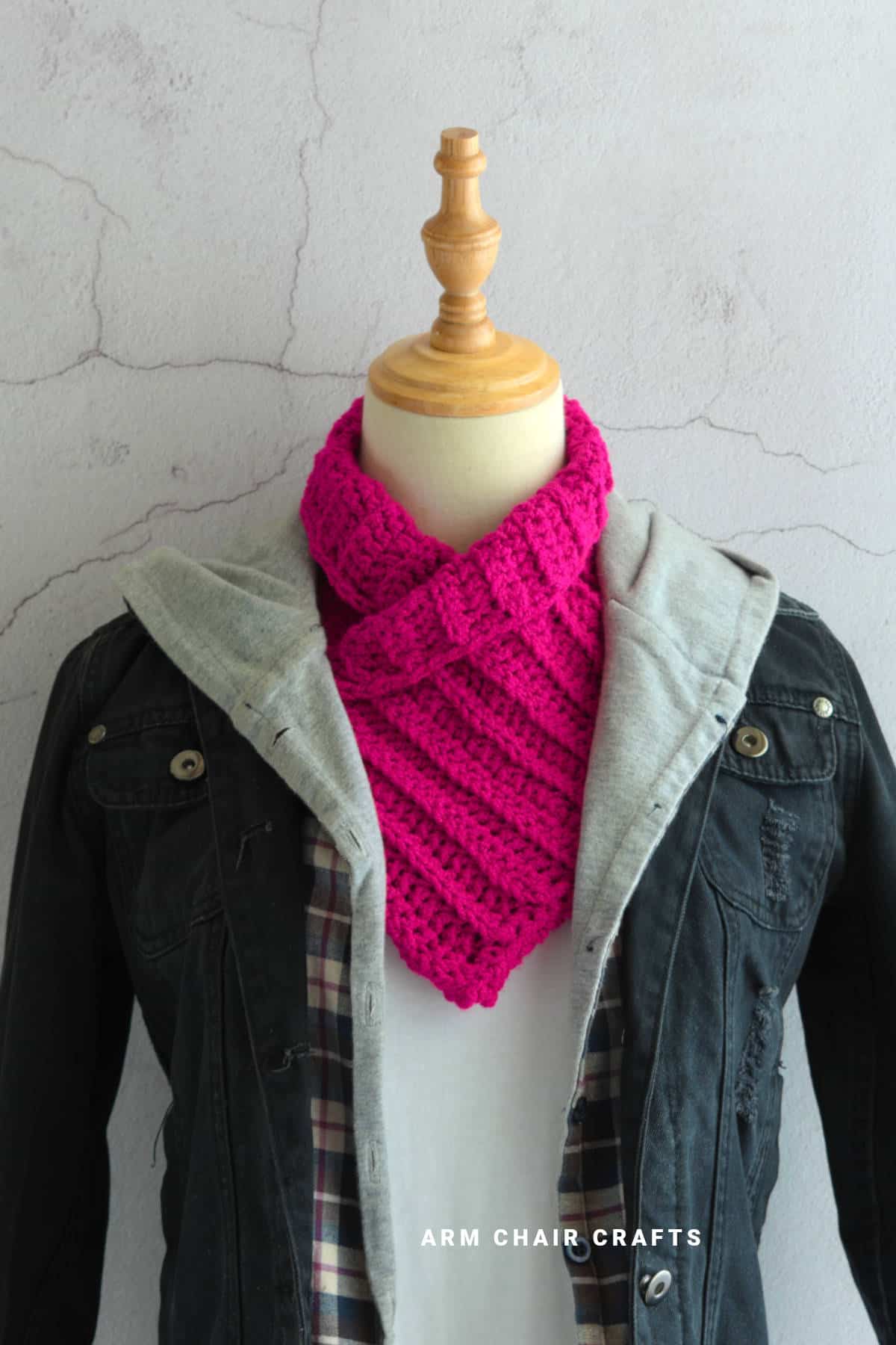 Pink crochet cowl.