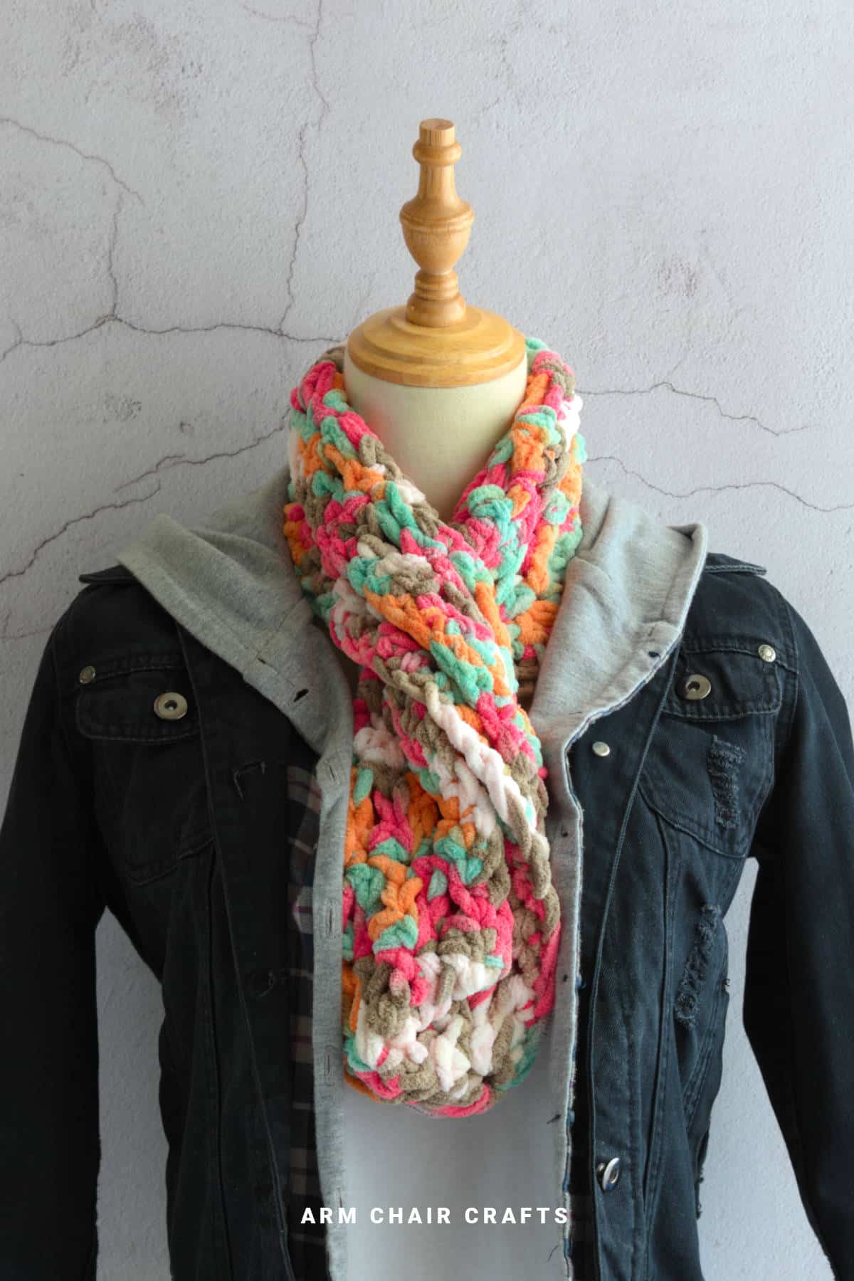 Close up image of a crochet cowl.