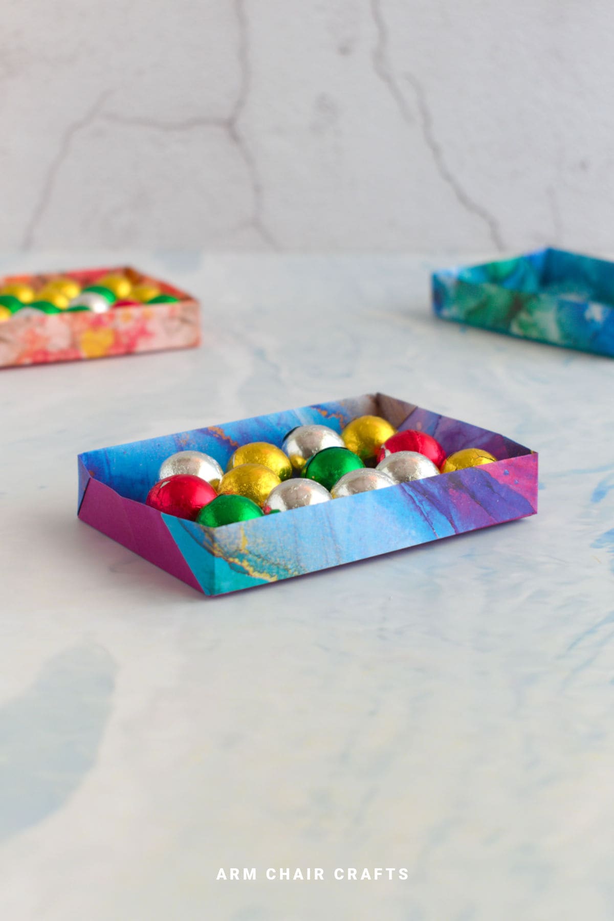 Blue and pink origami tray.