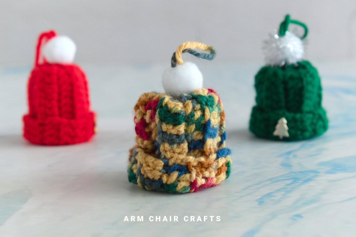 Close up image of mini crochet beanies.