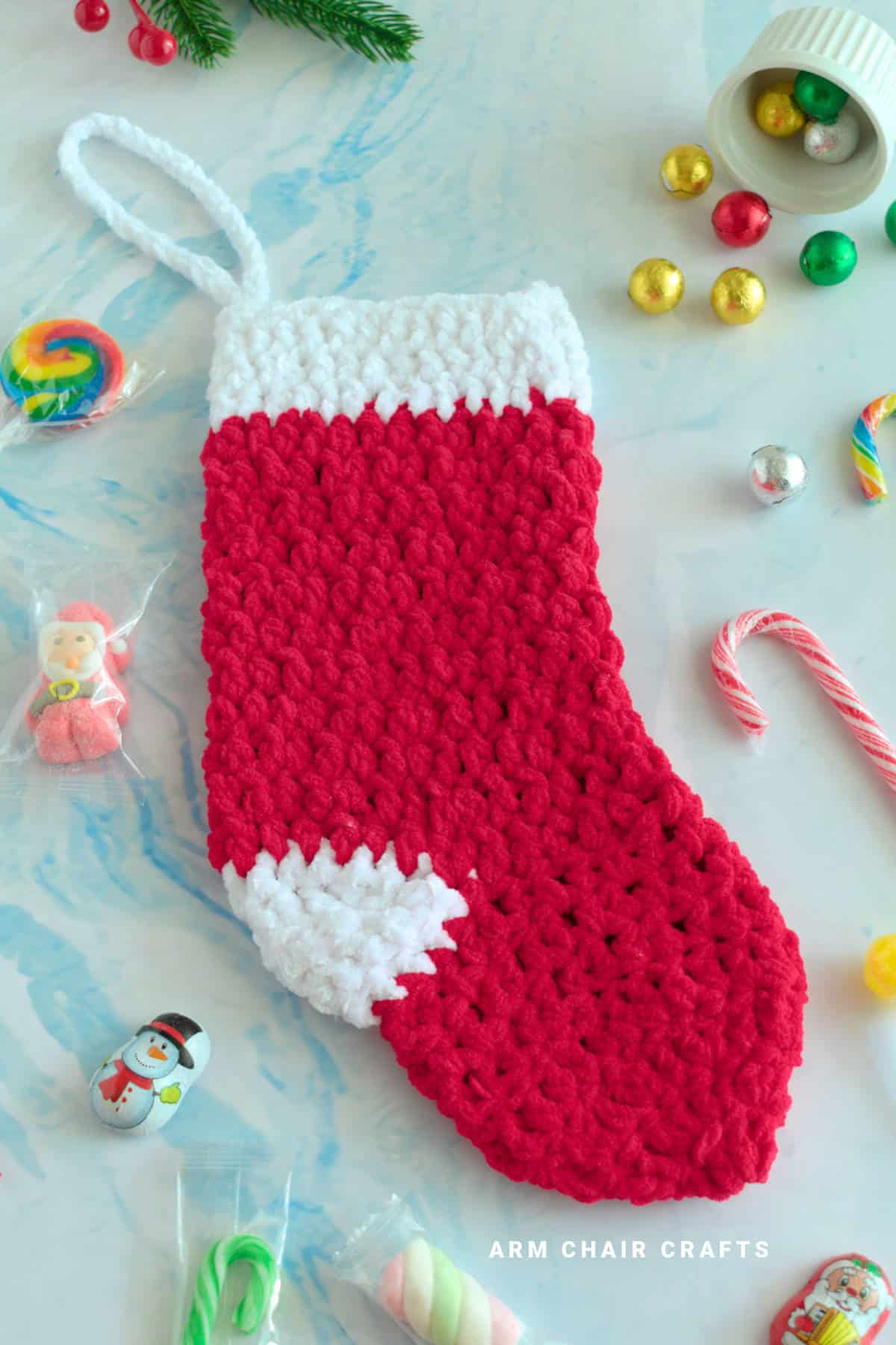 Close up image of a crochet Christmas stocking.