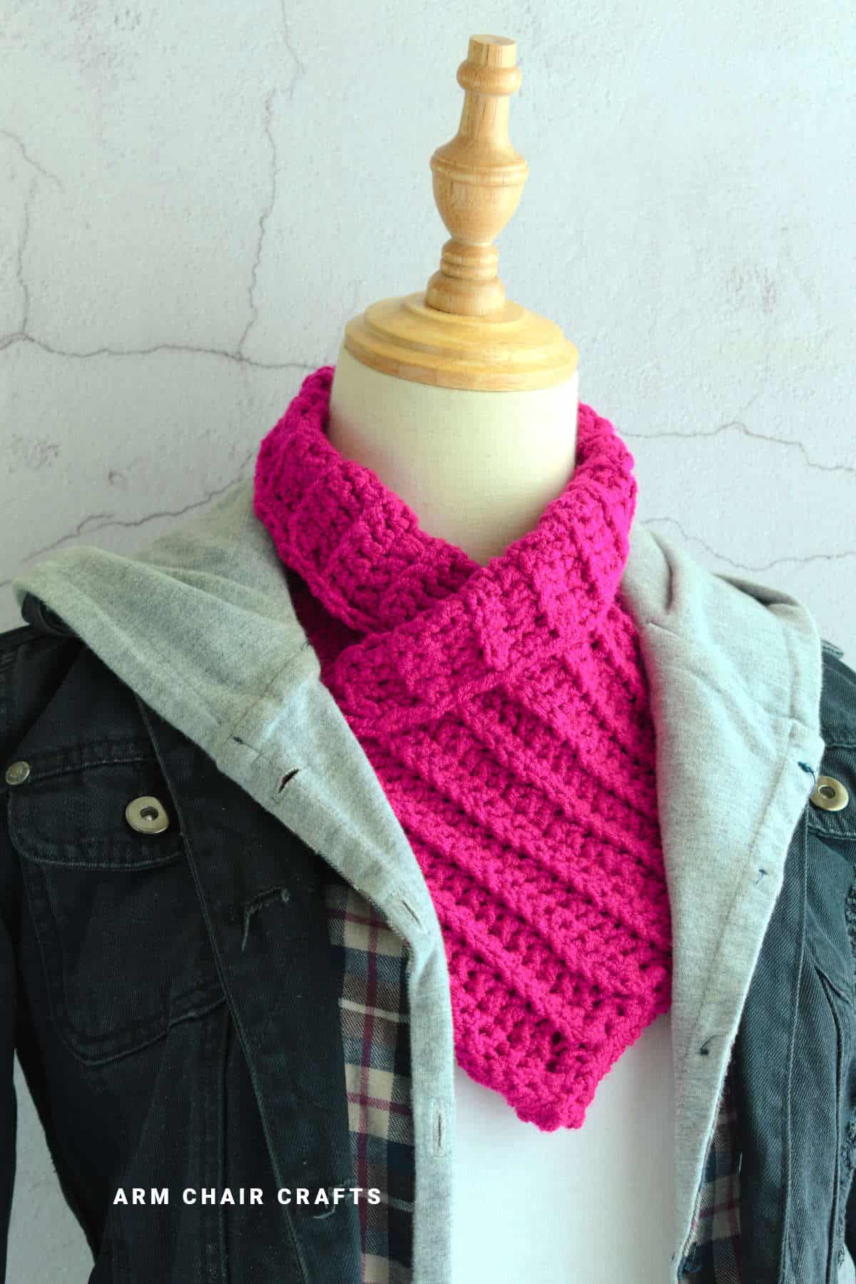 Pink crochet cowl.