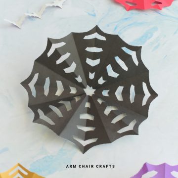 Close up image of a black paper spiderweb.