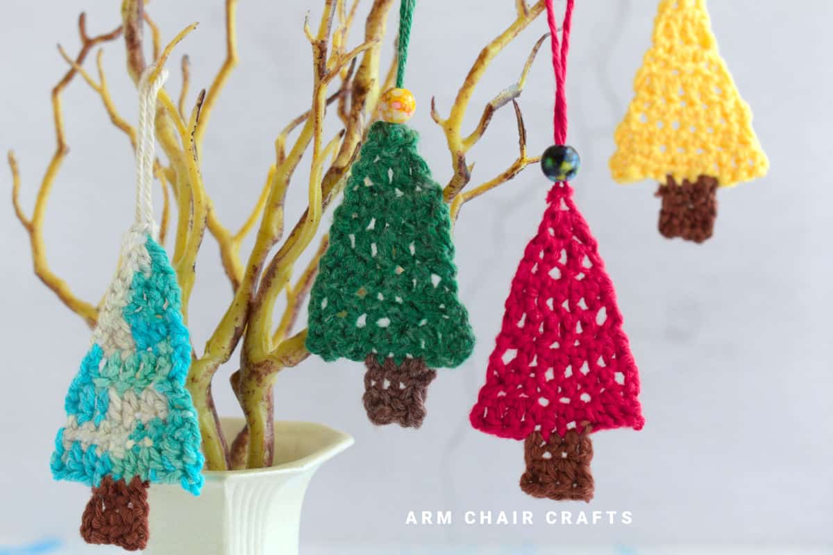 Crochet Christmas tree ornaments.