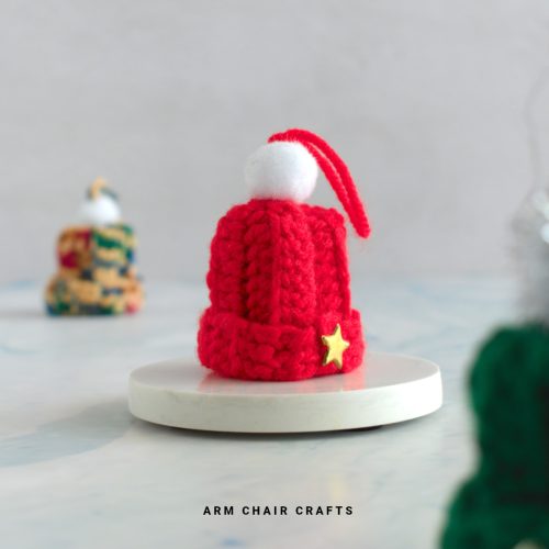 Close up image of a mini crochet beanie.