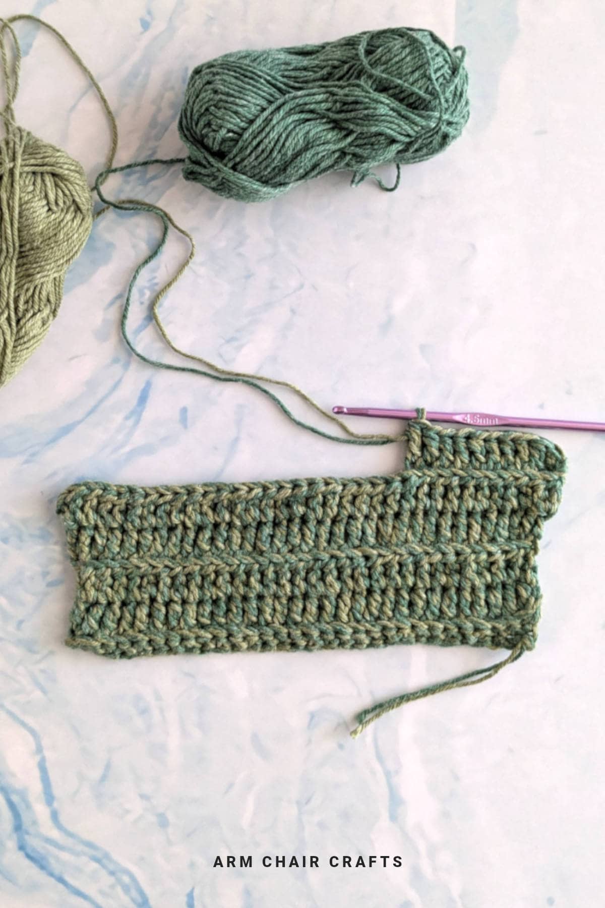 Process of making a crochet mug cozy.