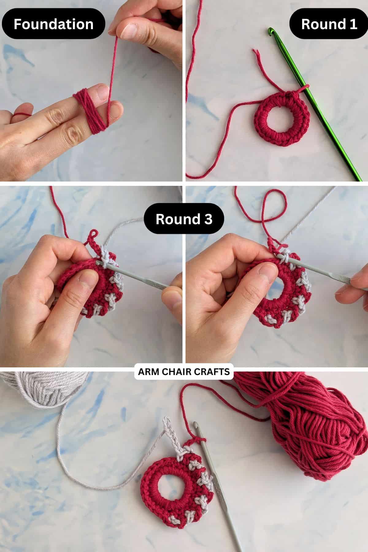 Process of making a mini crochet wreath.