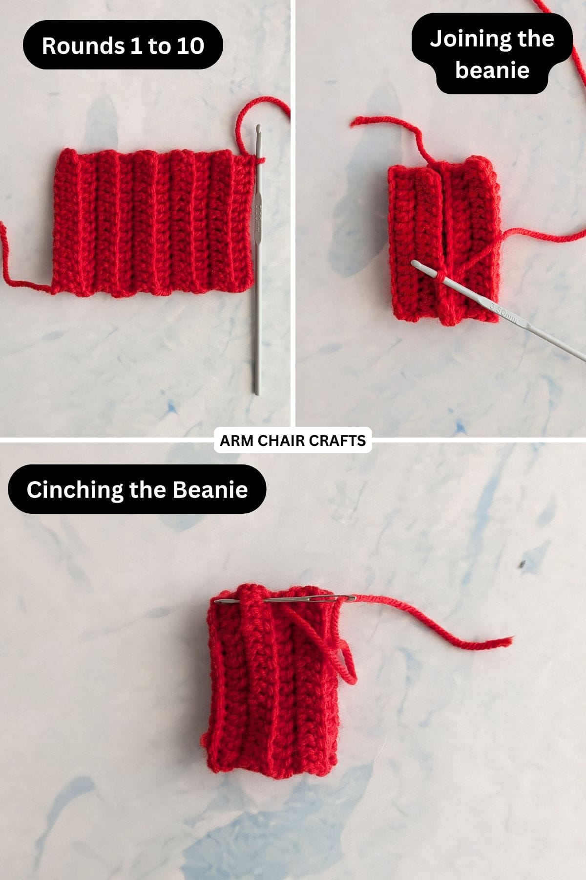 Process of making a mini crochet beanie.