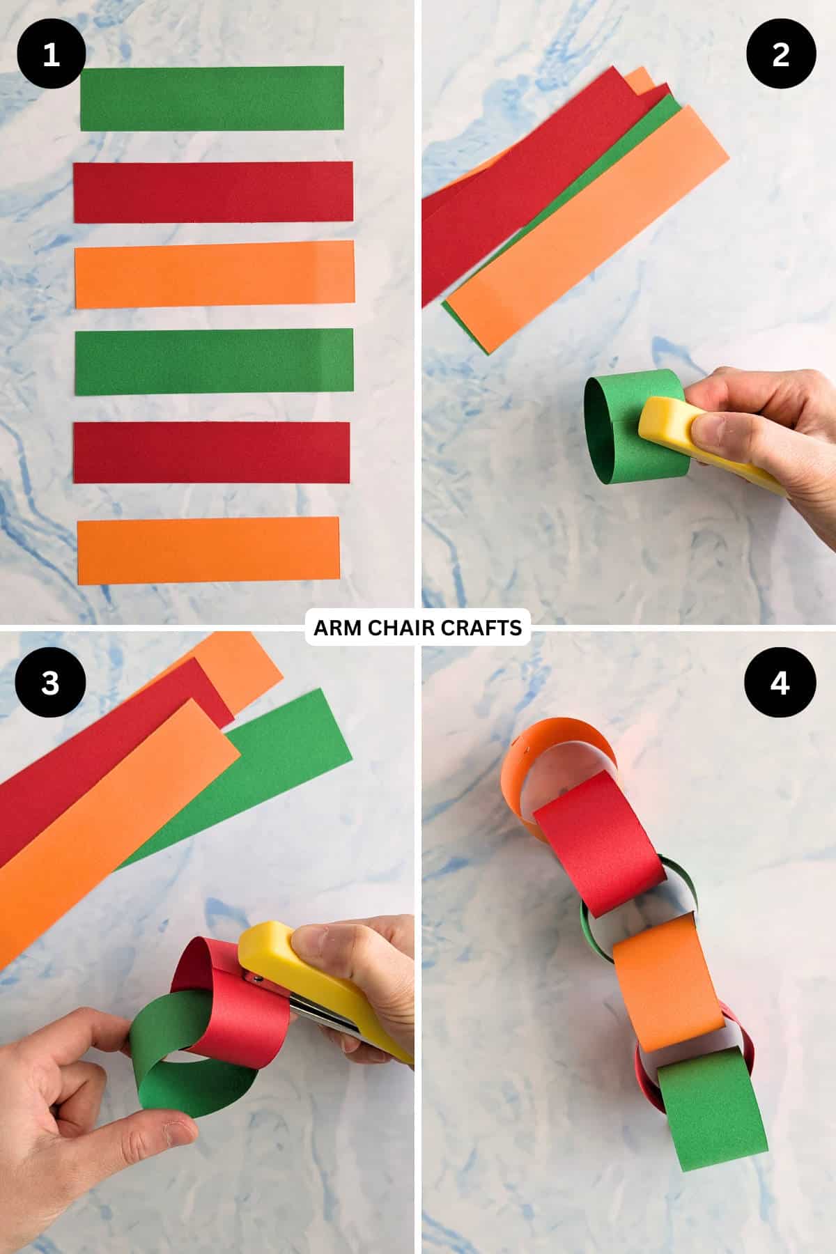 Steps 1 to 4 for making a Halloween paper chain.