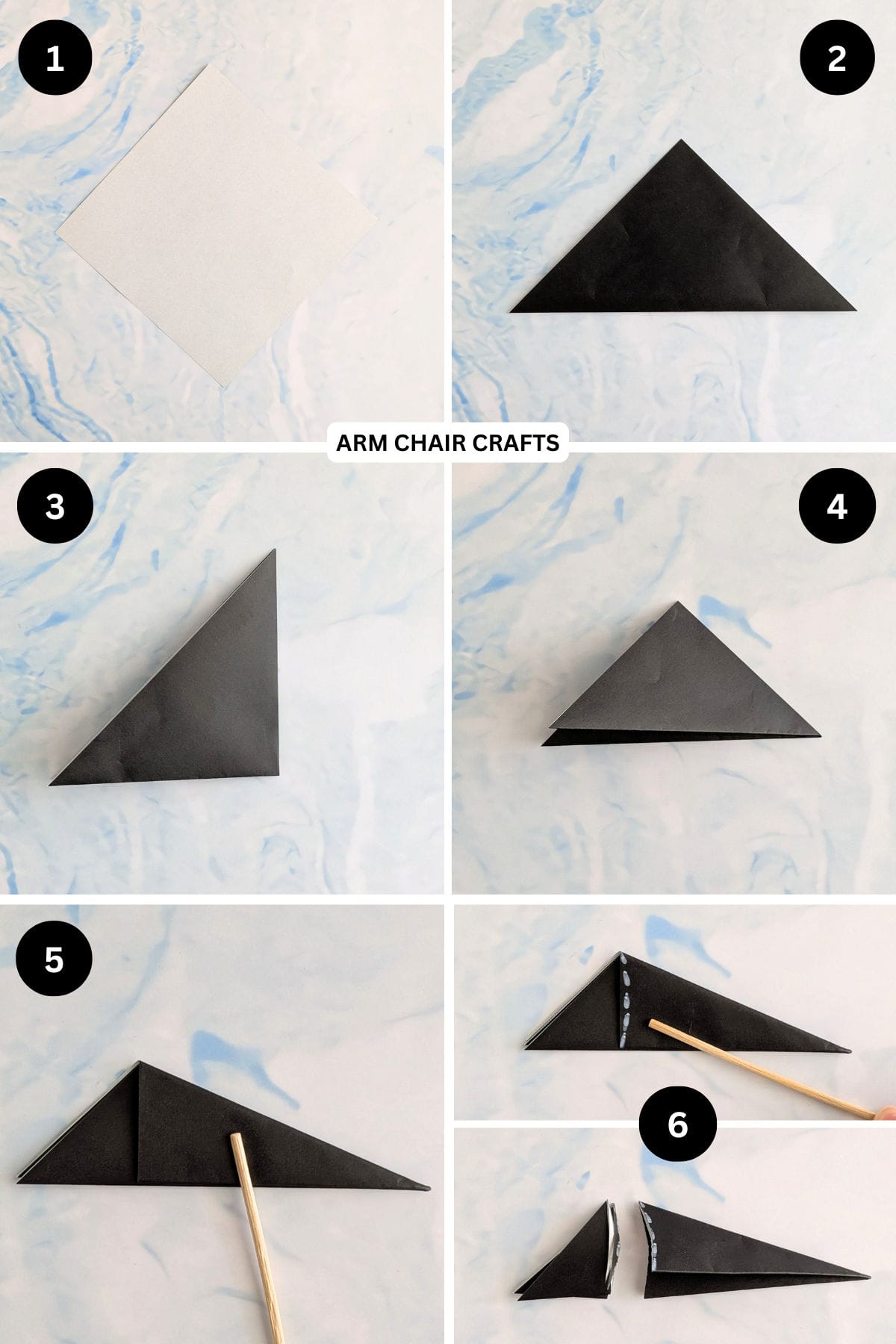 Steps 1 to 6 for making a paper spiderweb.