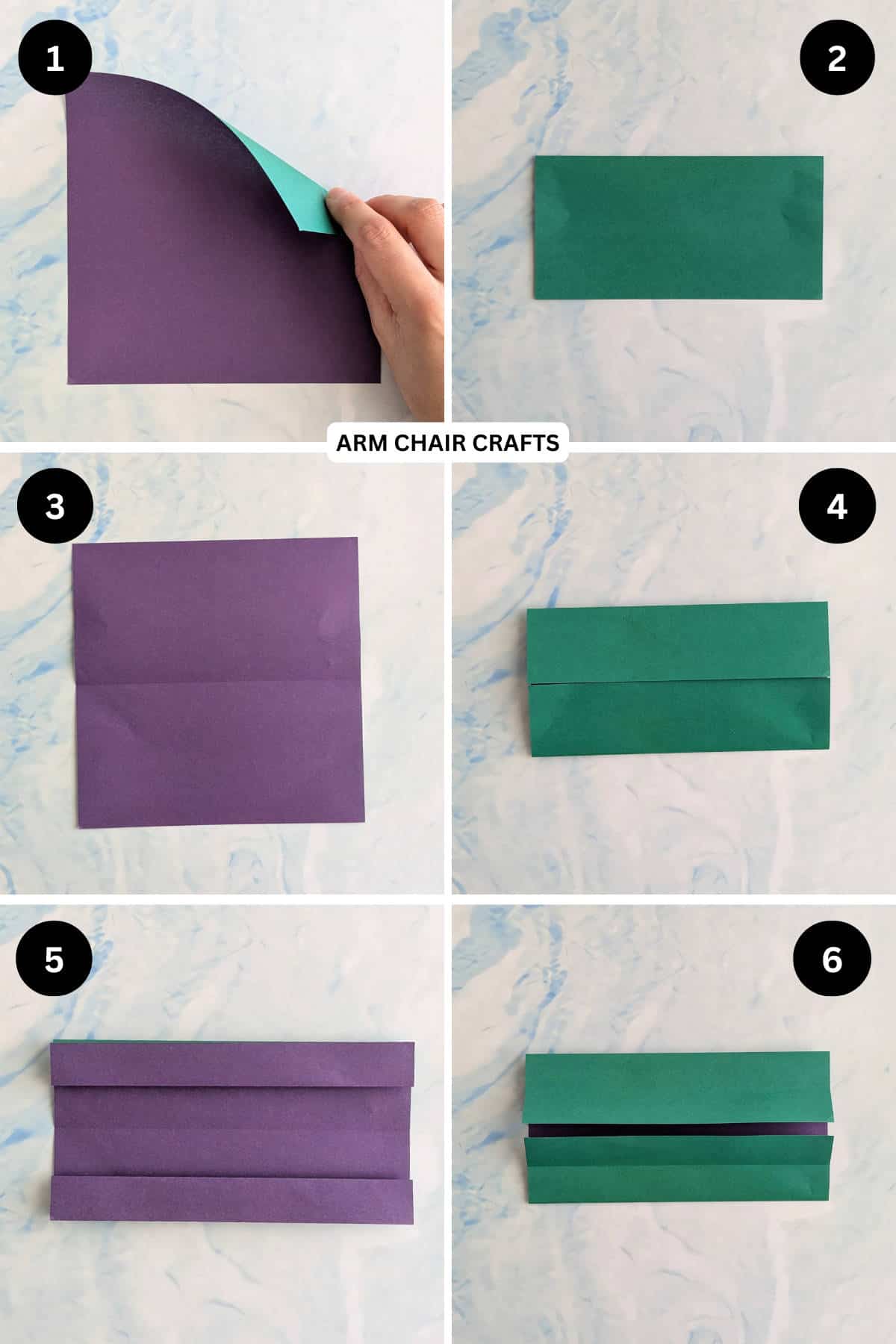 Steps 1 to 6 for making an origami tray.