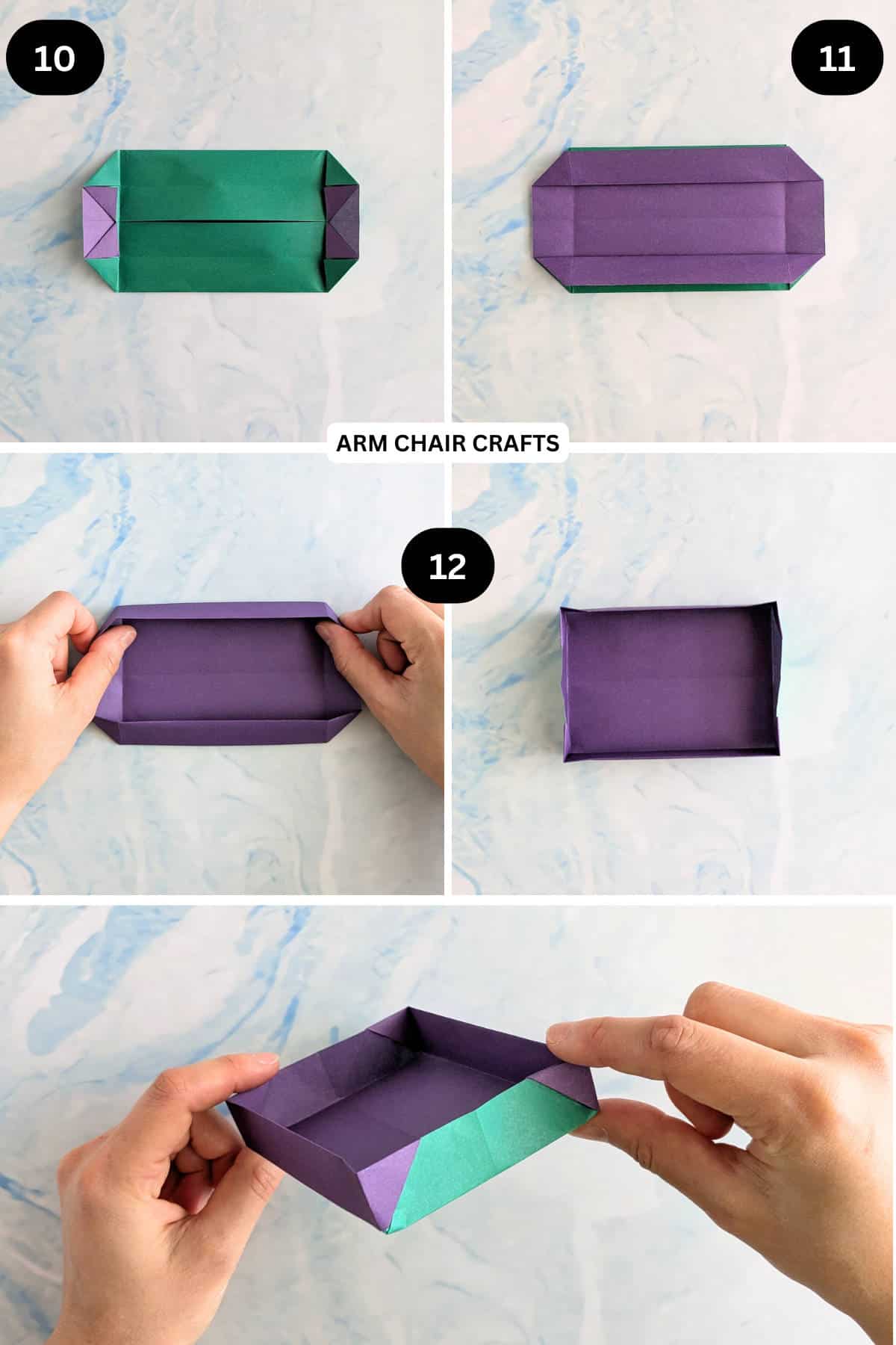 Steps 10 to 12 for making an origami tray.
