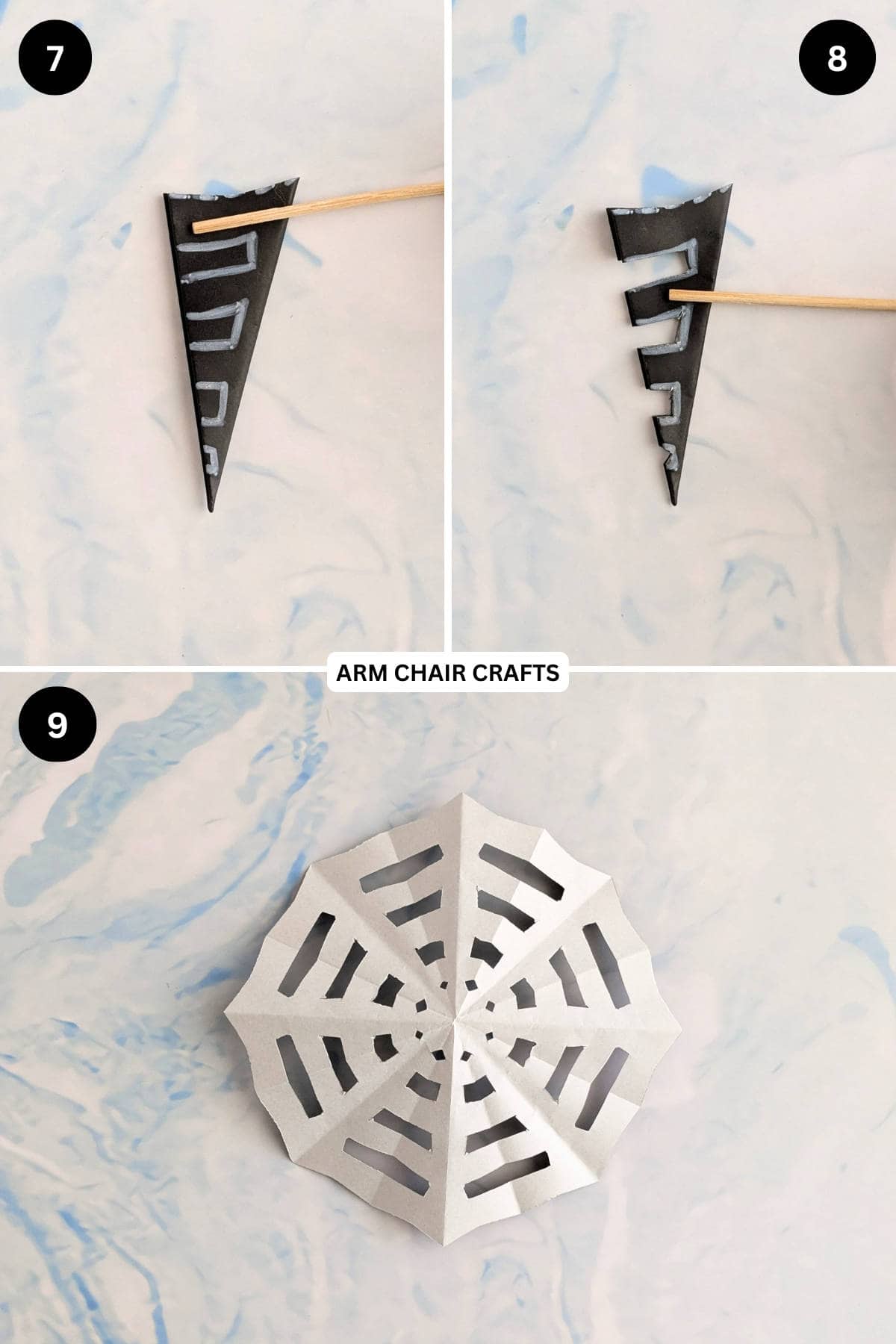 Steps 7 to 9 for making a paper spiderweb.