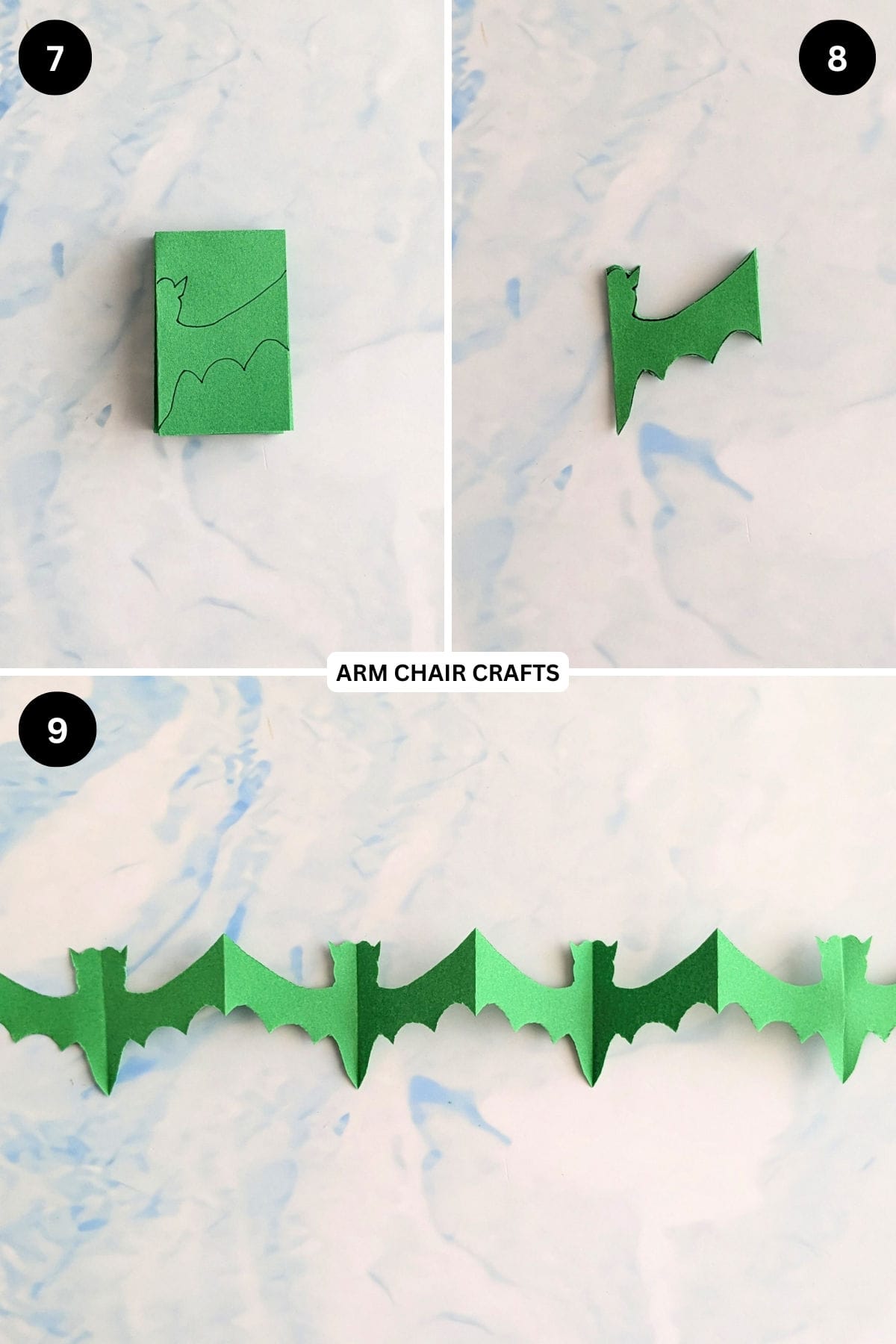 Steps 7 to 9 for making a bat paper chain.