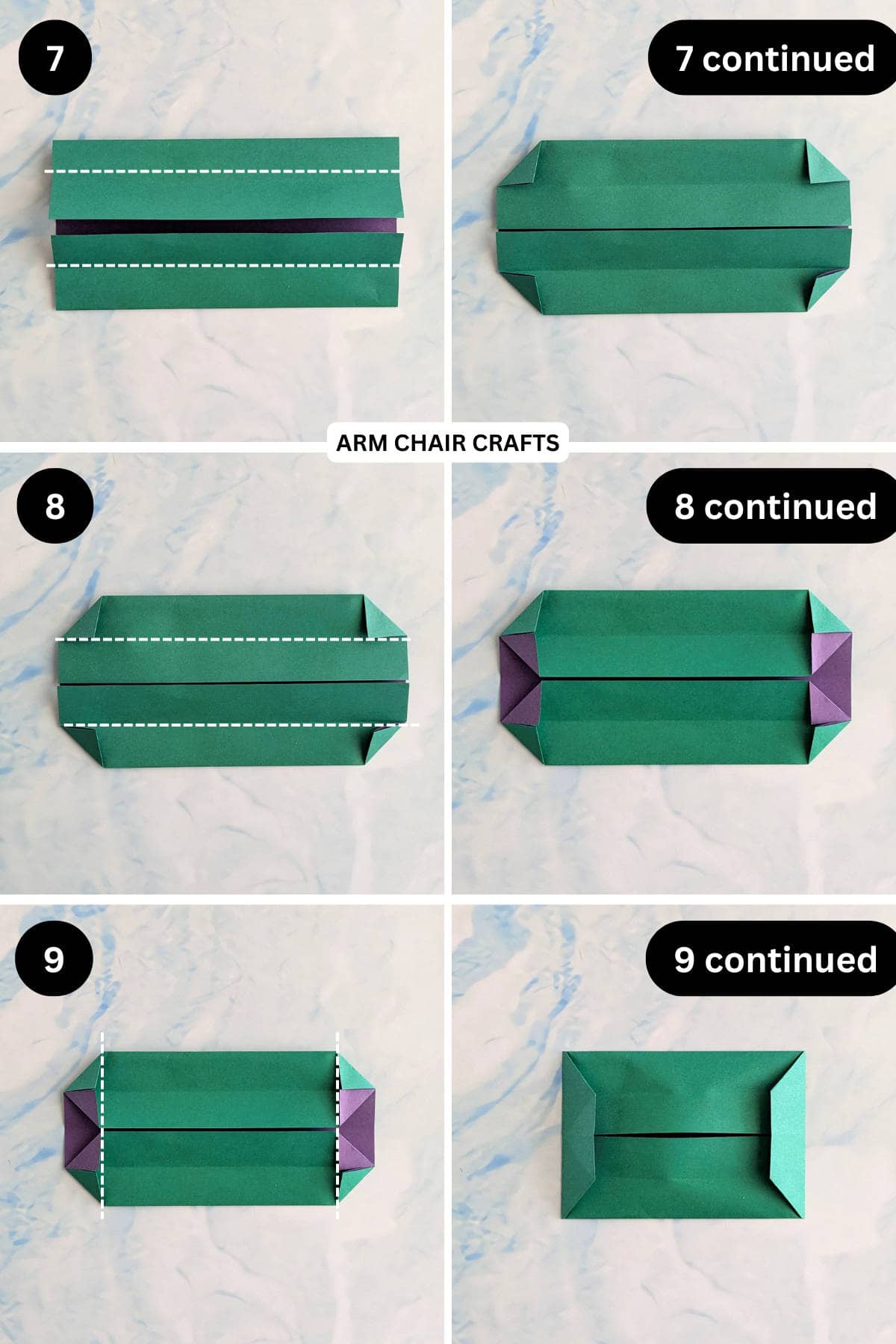 Steps 7 to 9 for making an origami tray.