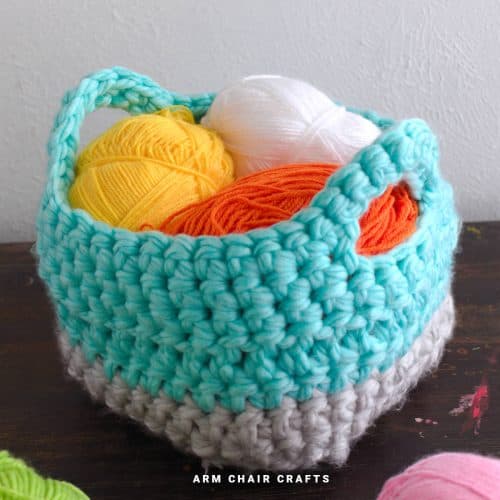 Close up image of a crochet basket.