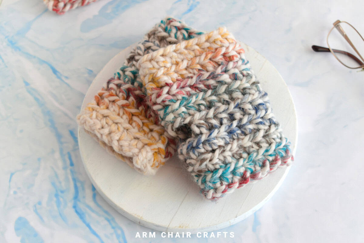 Crochet fingerless gloves.