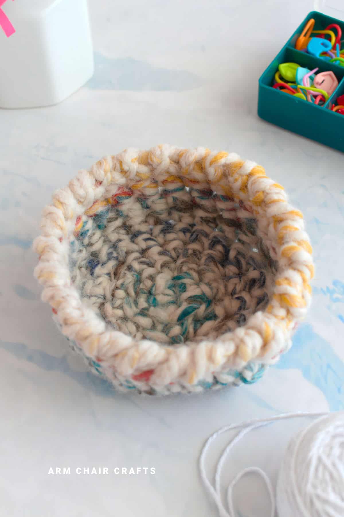 Close up image of a crochet basket.