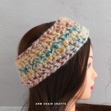 Close up image of a crochet headband.
