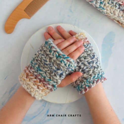 Chunky crochet fingerless gloves.