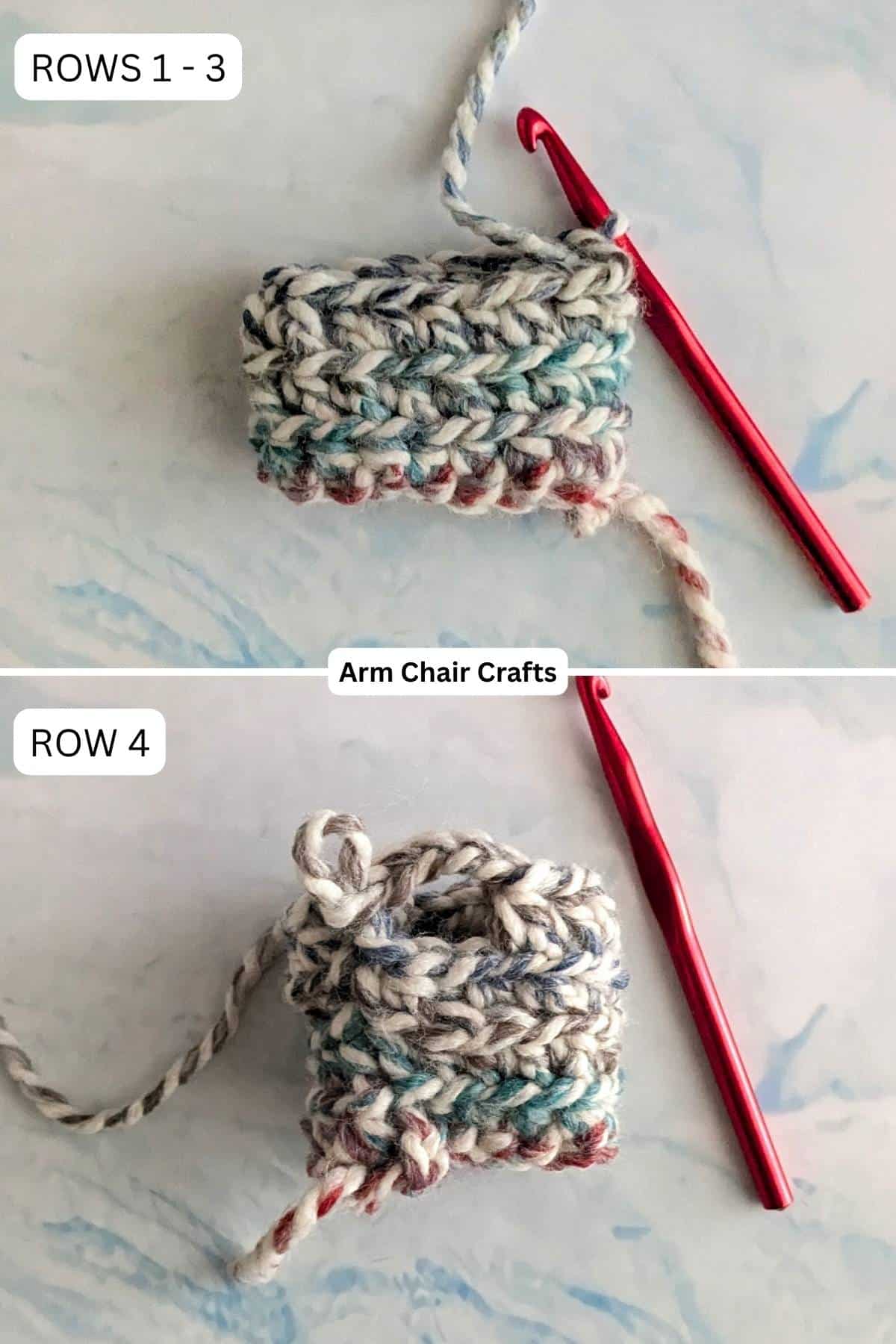 Process of making crochet fingerless gloves.