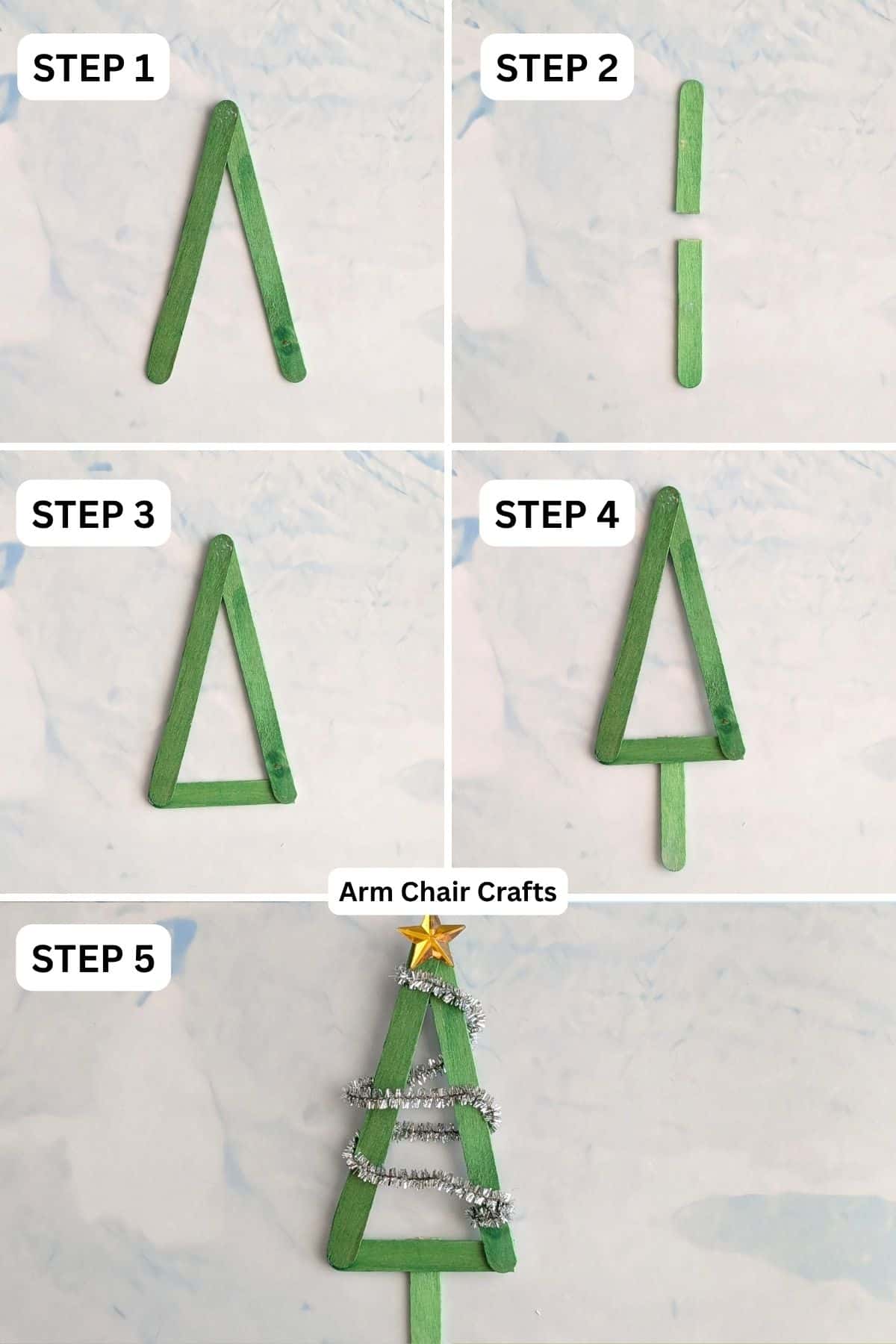 Process of making a popsicle Christmas tree.