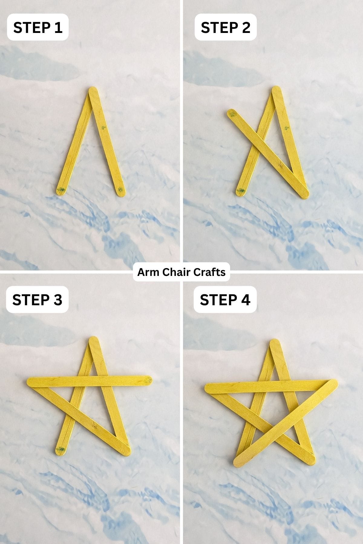 Steps for making a DIY wooden star ornament.