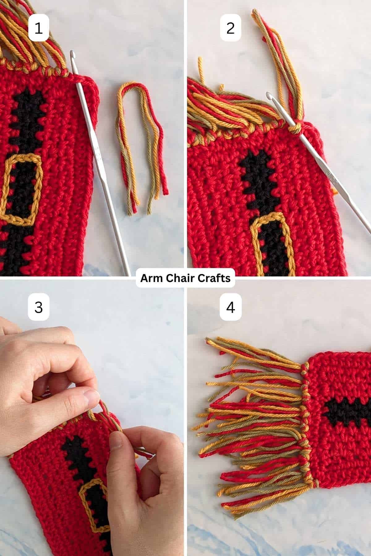 Process of making a fringe on the crochet mug rug.