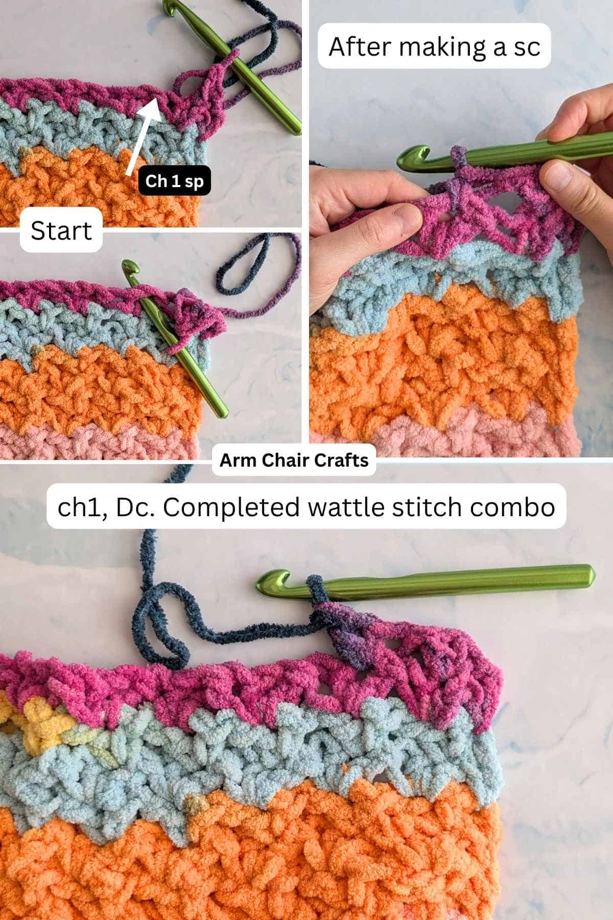Process of making a crochet wattle stitch.