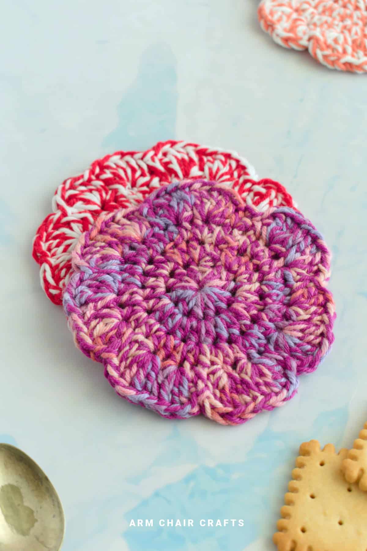 Brightly colored crochet coasters.