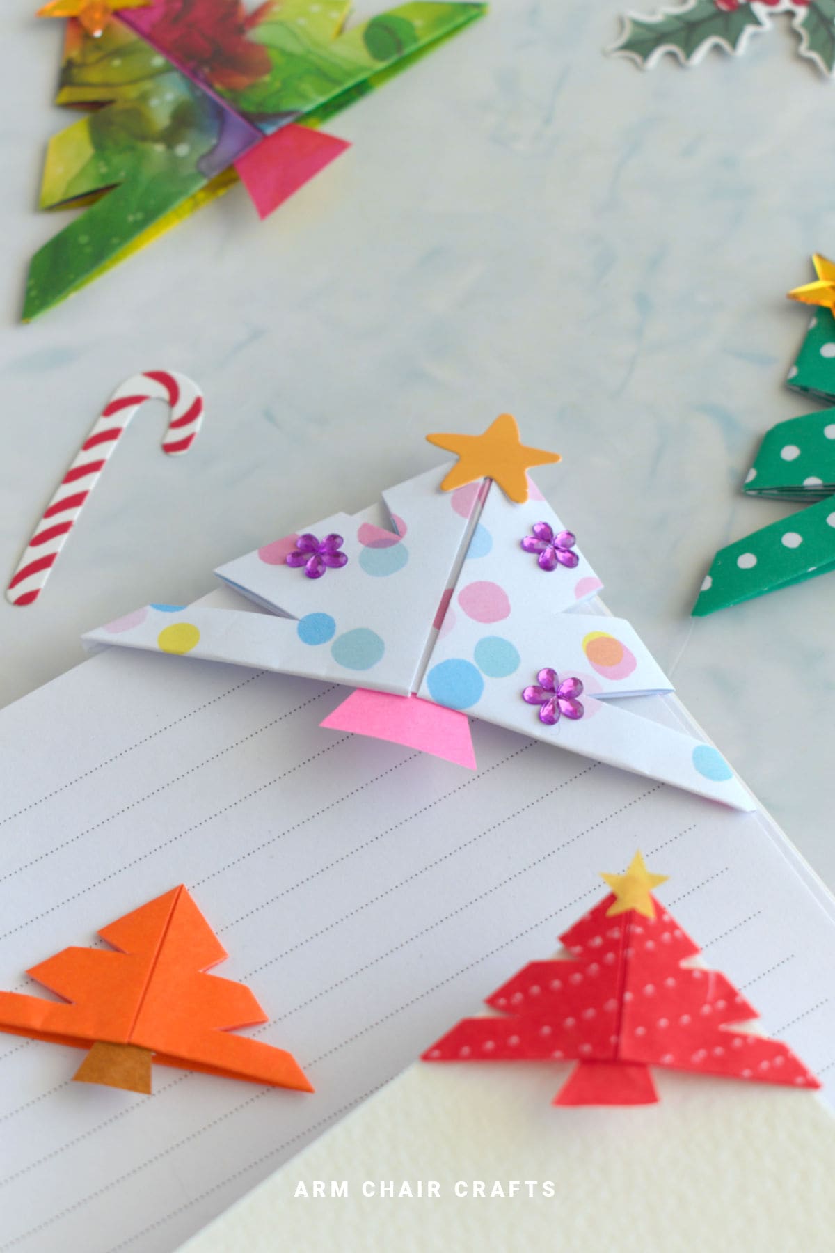 Close up image of an origami corner bookmark.