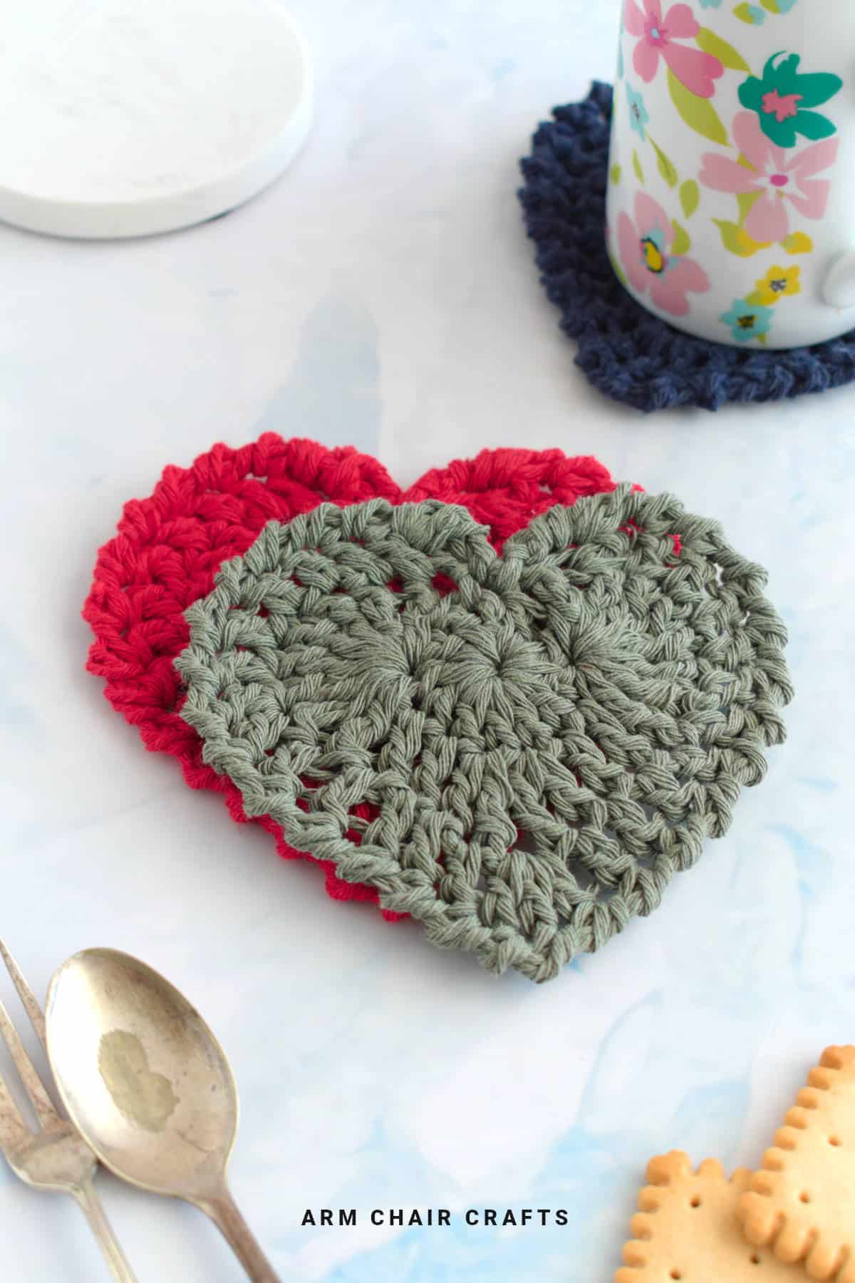 Crochet heart coasters.