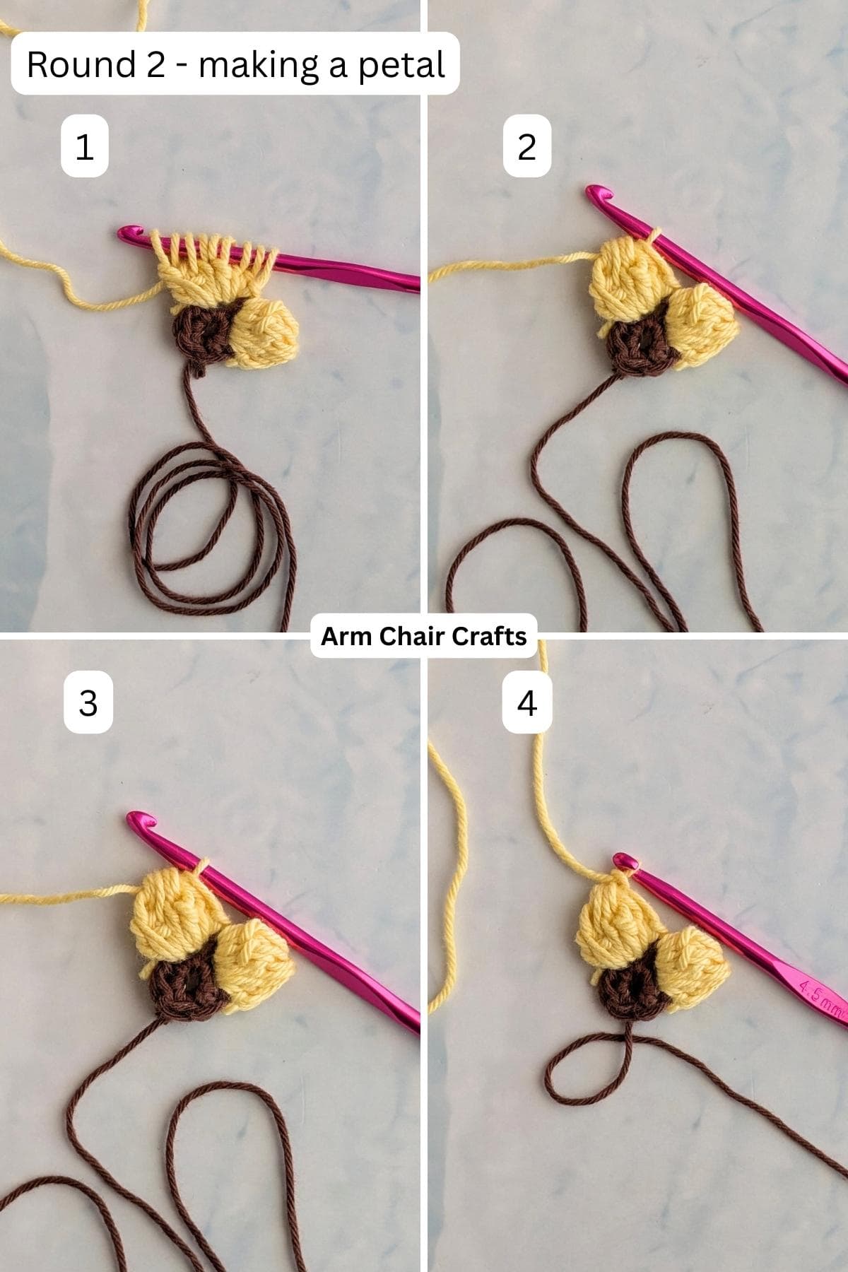 Process of making a crochet flower keychain.