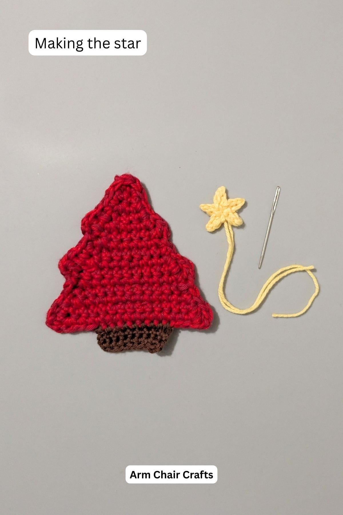 Process of making a crochet Christmas tree coaster.
