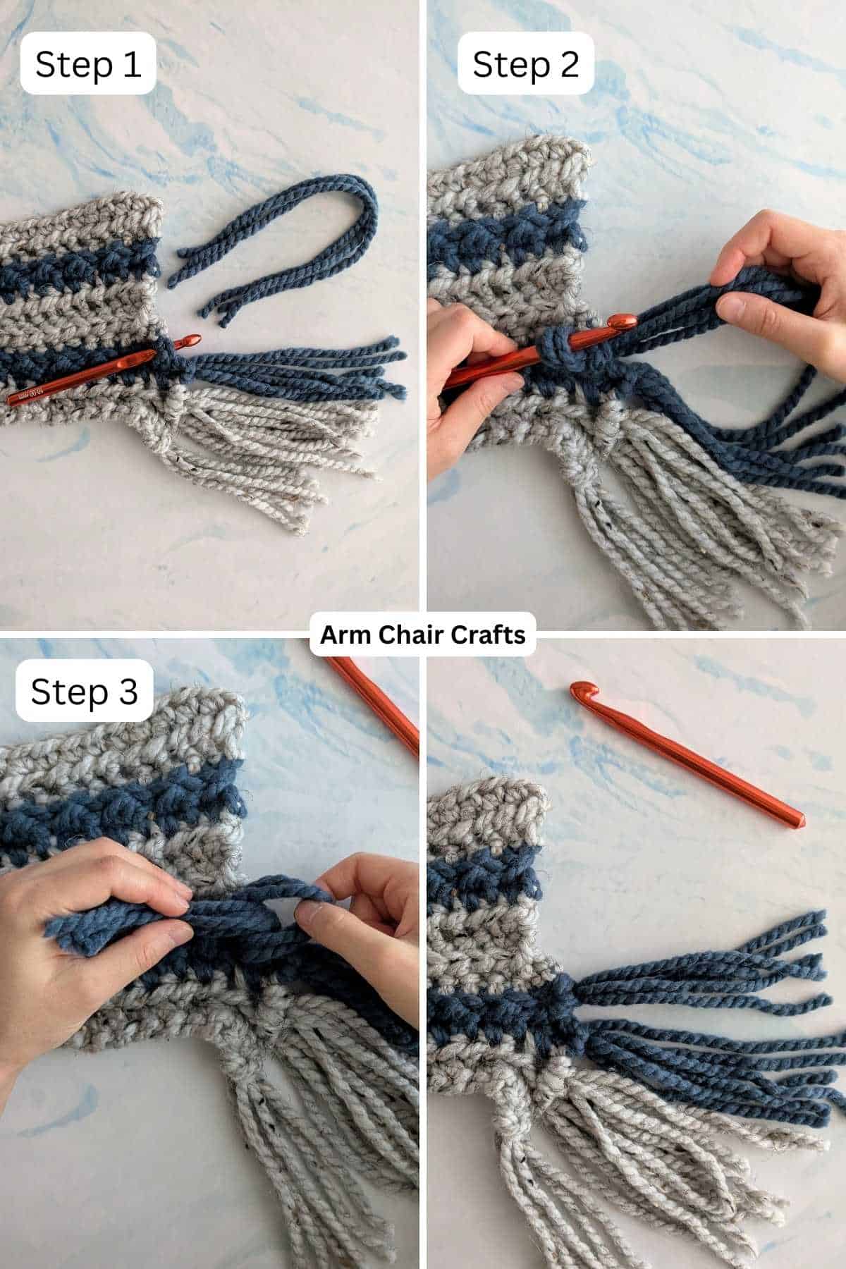 Process of making a crochet chunky scarf.