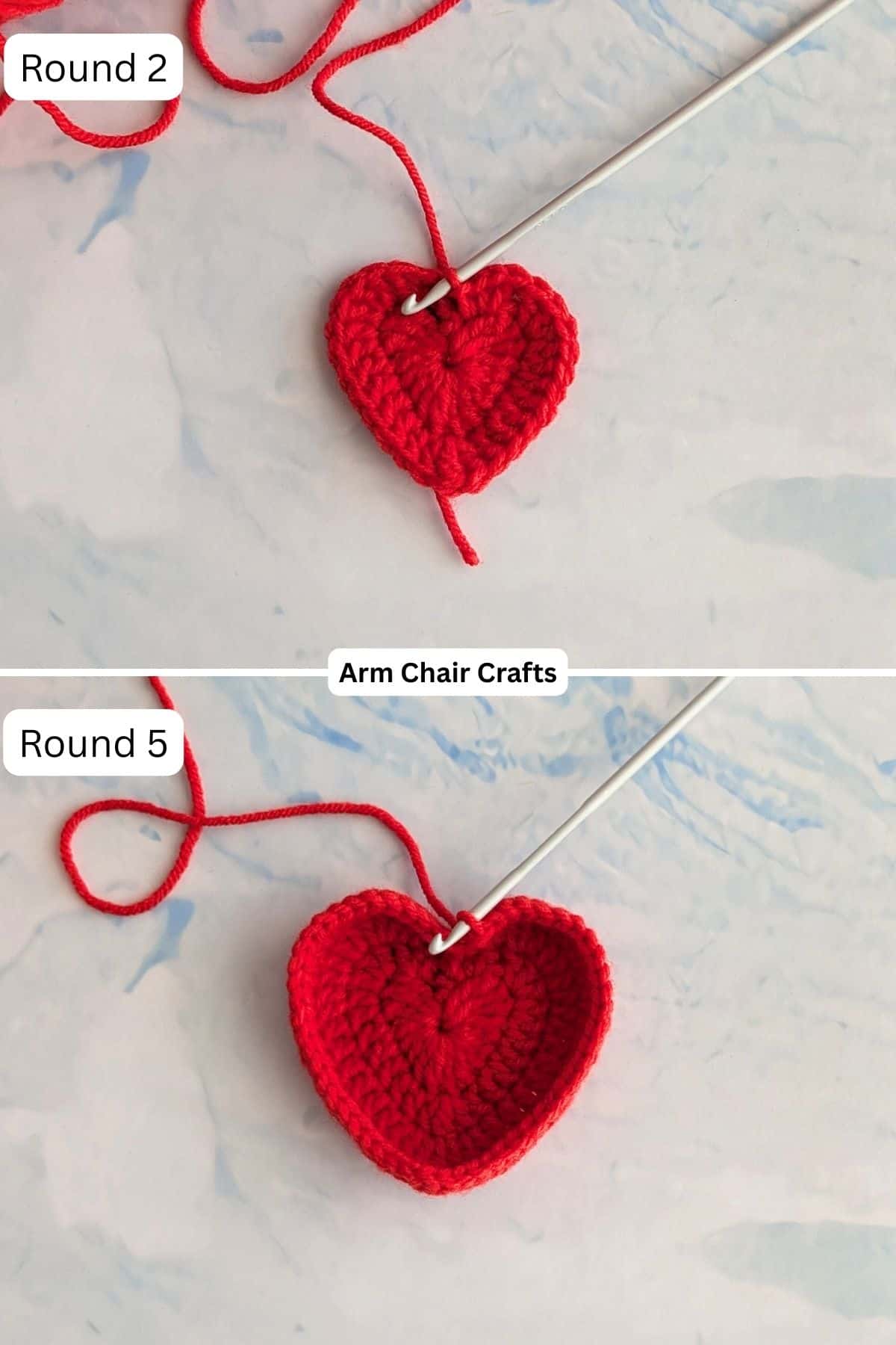 Process of making a crochet heart trinket box.