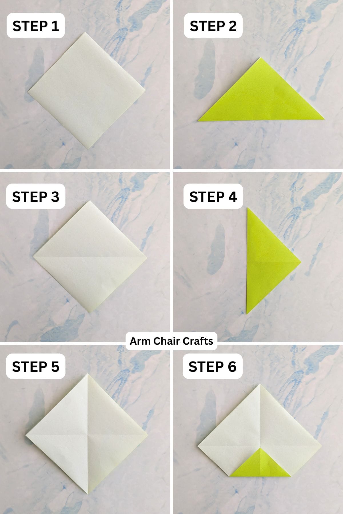 Steps 1 to 6 for making a Christmas tree origami corner bookmark.