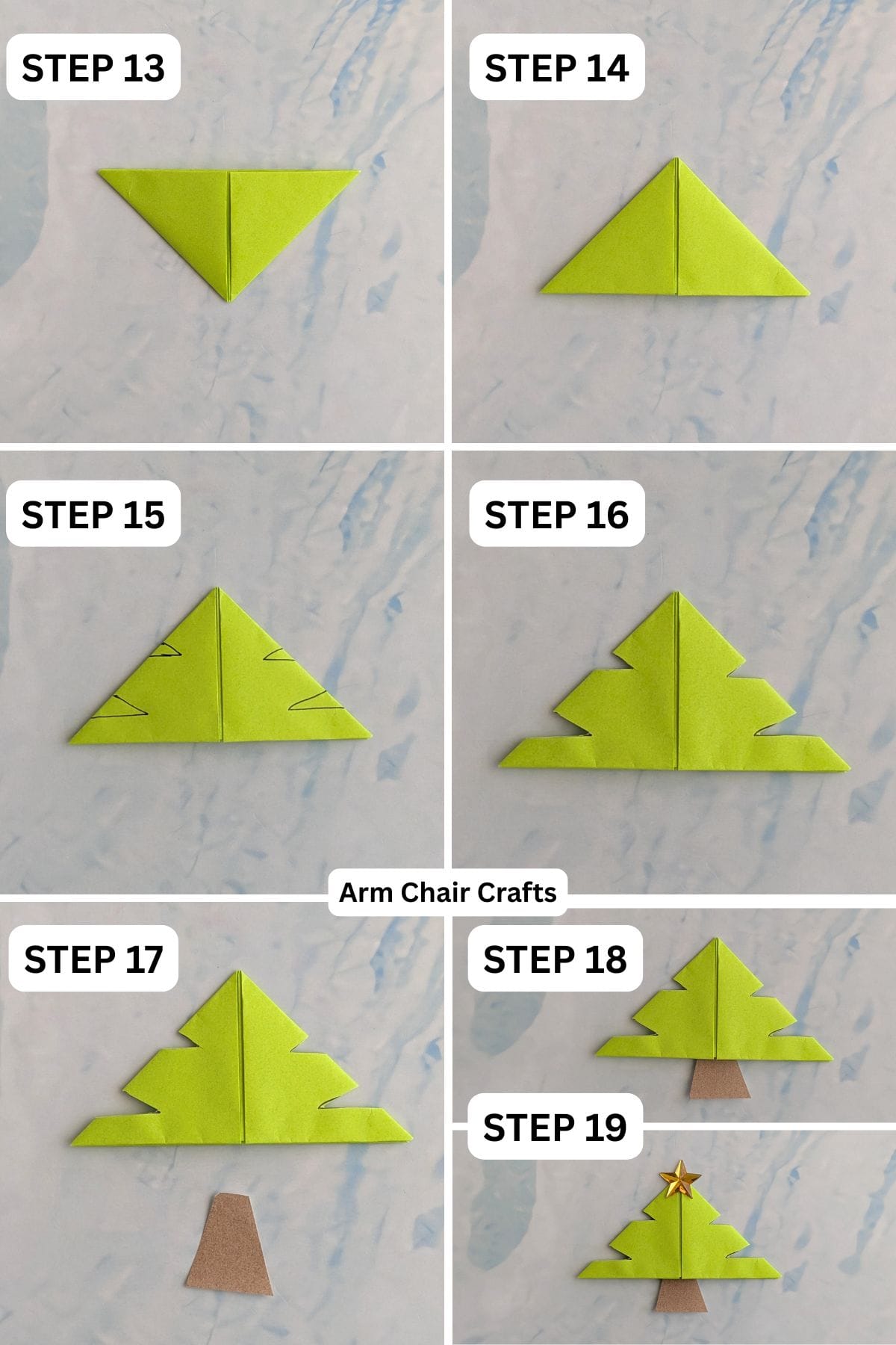 Steps 13 to 19 for making a Christmas tree origami corner bookmark.