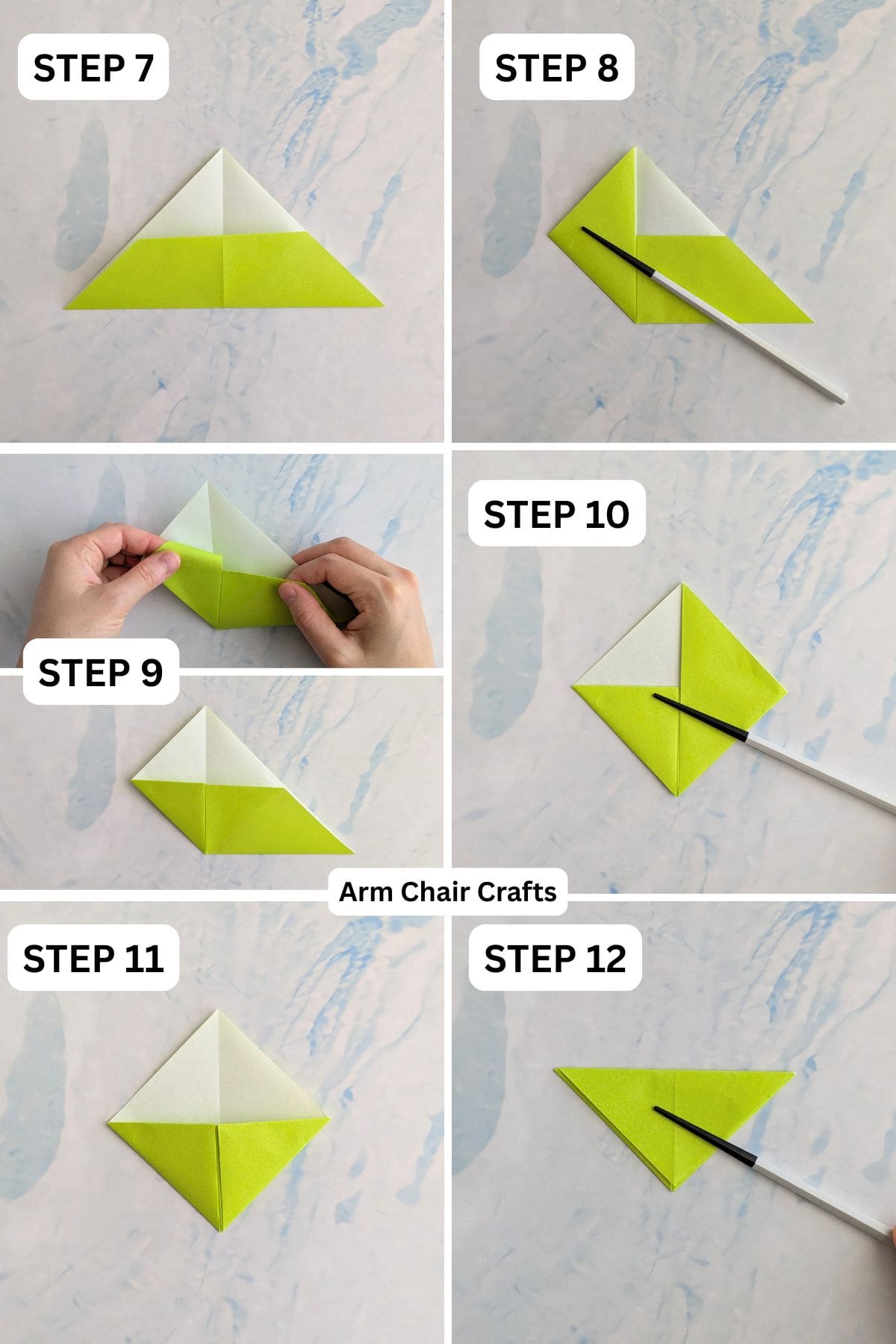 Steps 7 to 12 for making a Christmas tree origami corner bookmark.