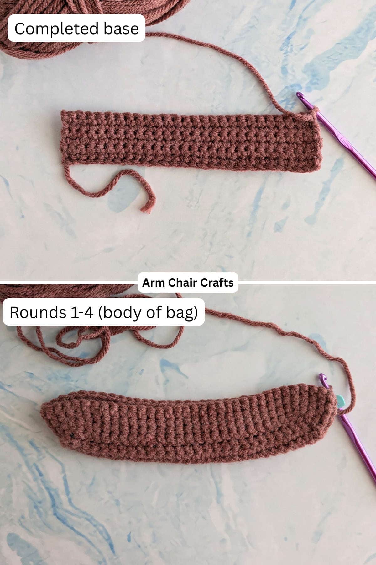 Process of making a crochet tote bag.