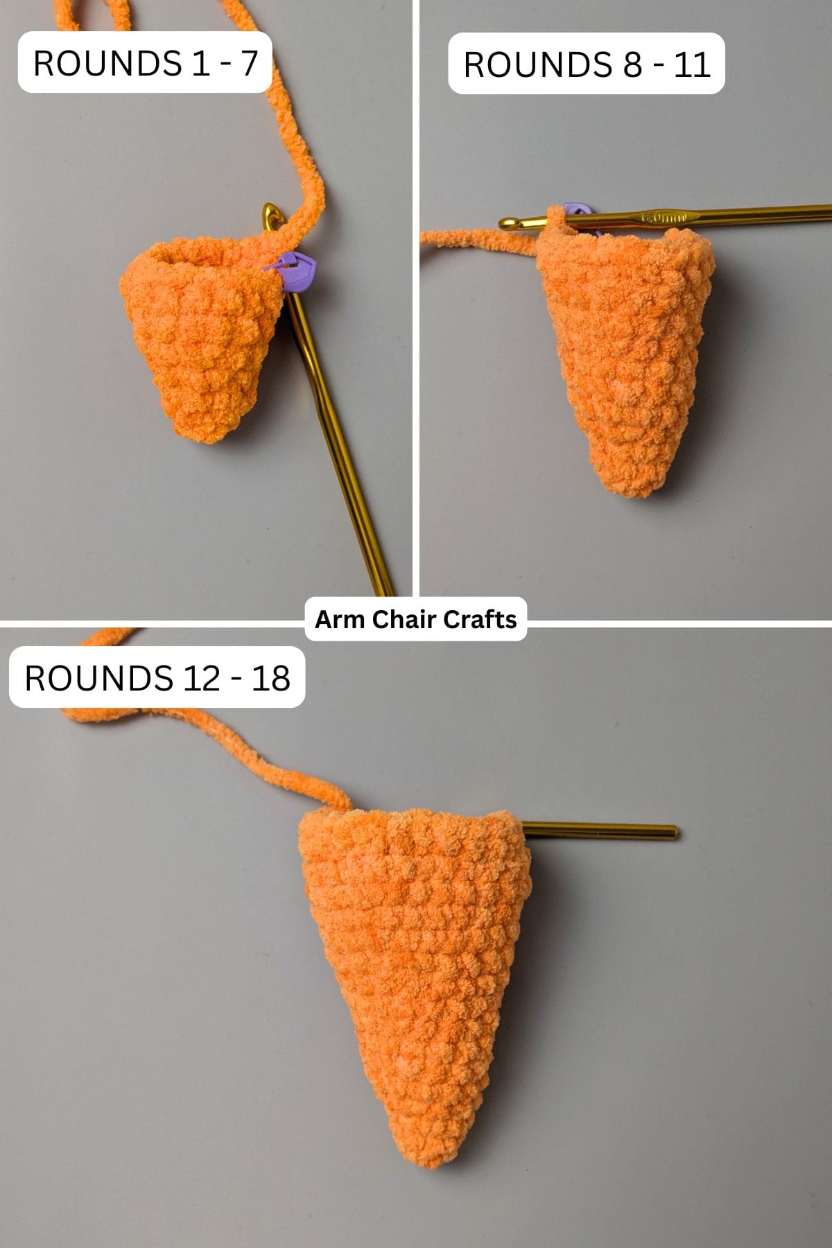 Rounds 1 to 18 for making a crochet carrot.