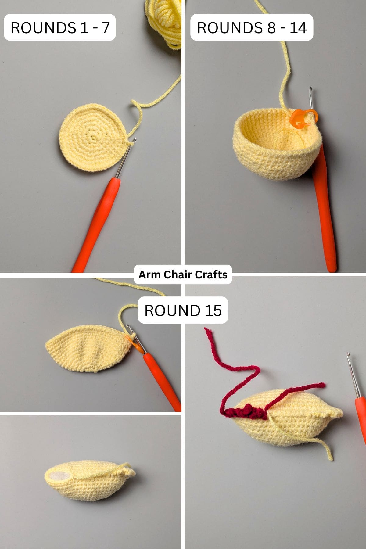 Rounds 1 to 15 for making a crochet chicken.