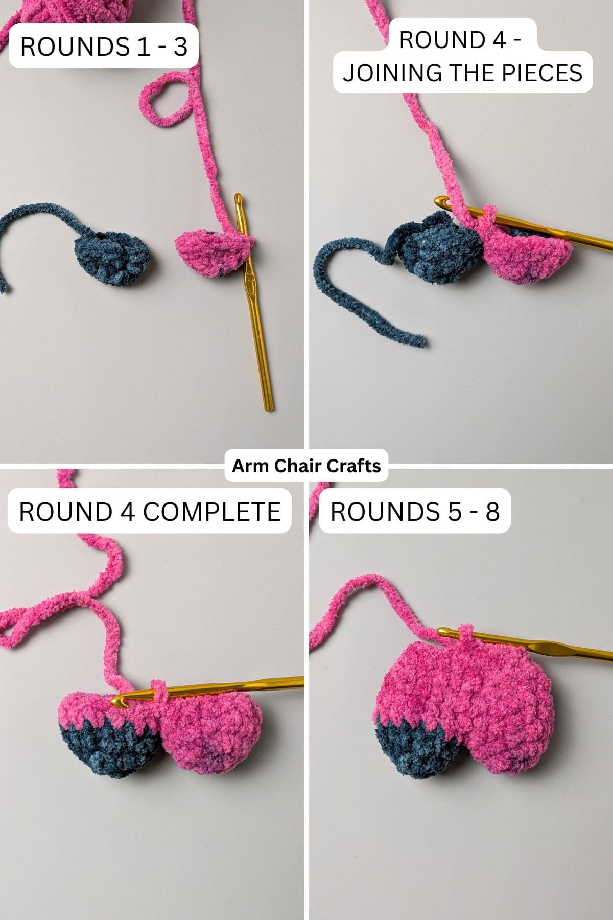 Rounds 1 to 8 for making a crochet heart.