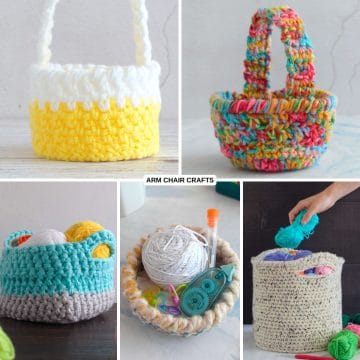 Collage of crochet baskets.