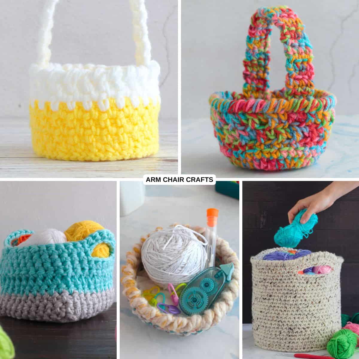 Collage of crochet baskets.