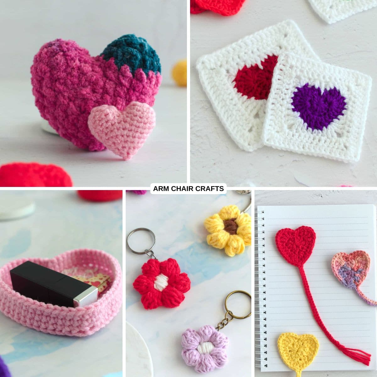Collage of crochet Valentine's Day projects.