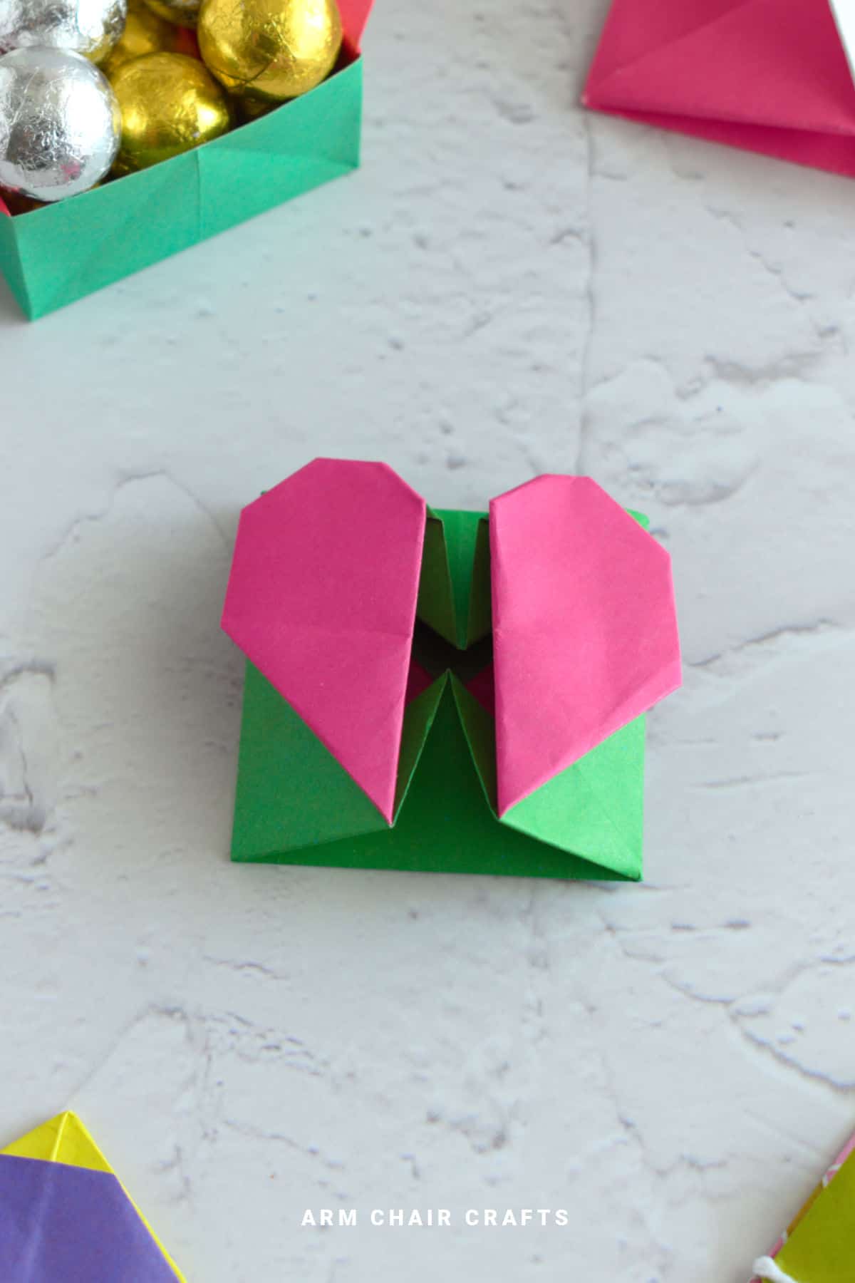 Close up image of a heart origami box.