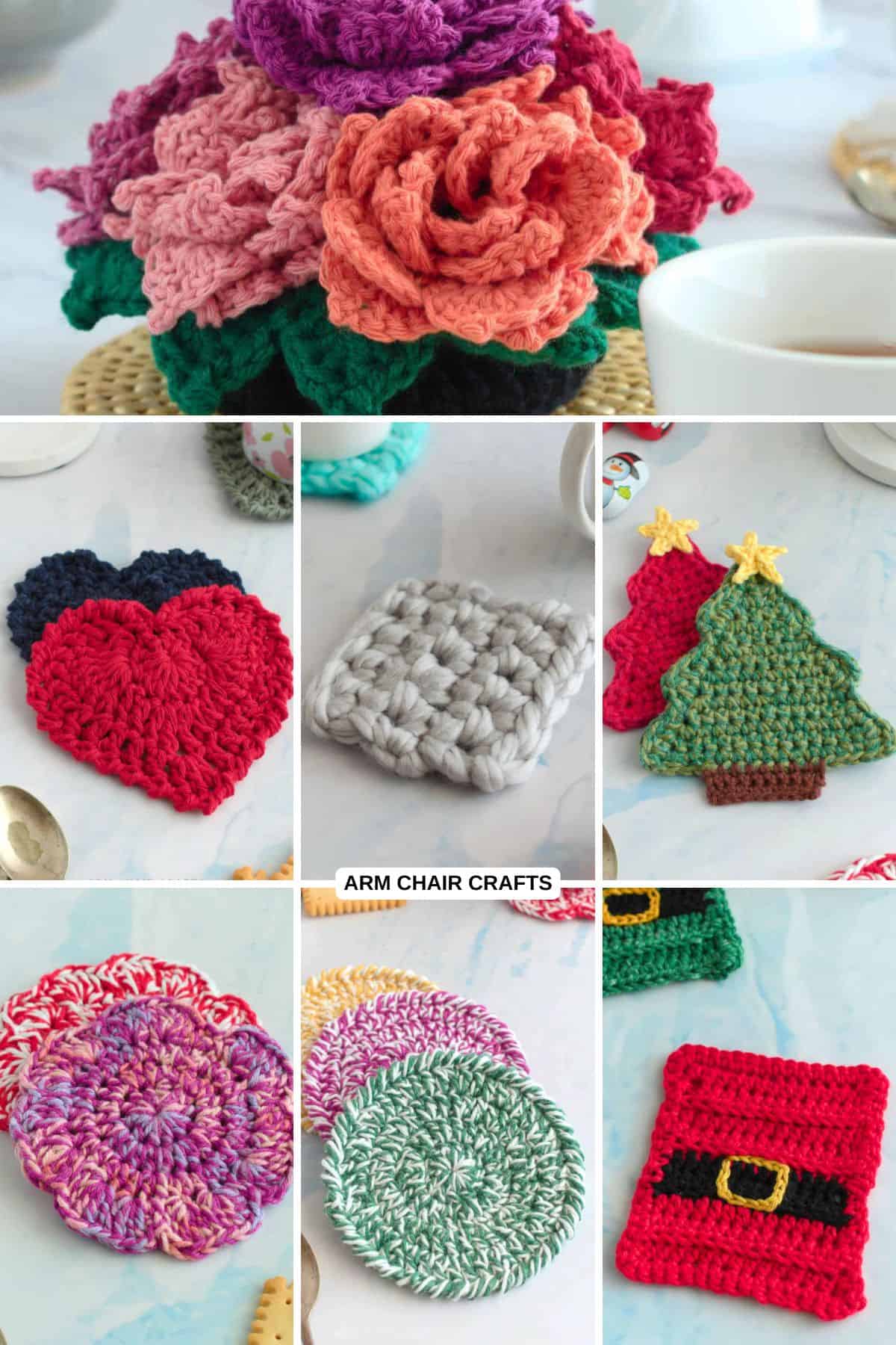 Collage of crochet coasters.