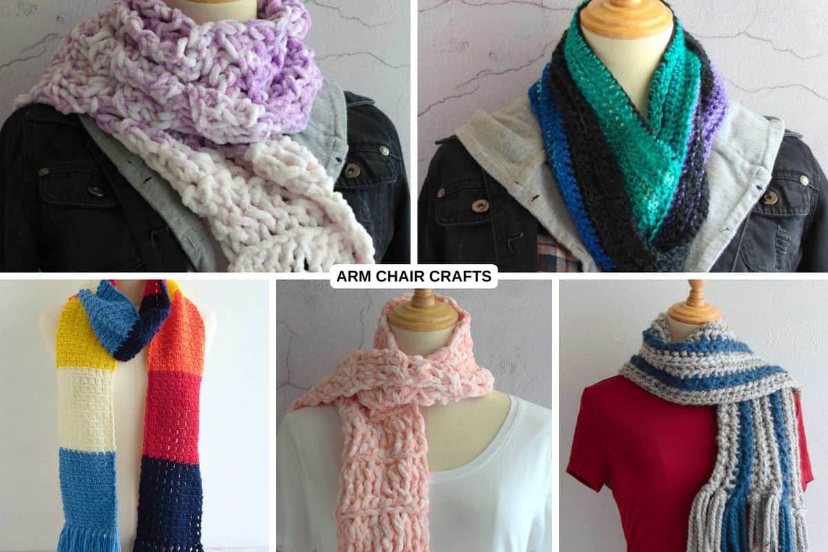 Collage of crochet scarves.